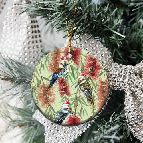 Australia Christmas Ceramic Ornament Kookaburra Santa on Callistemon - Pastel