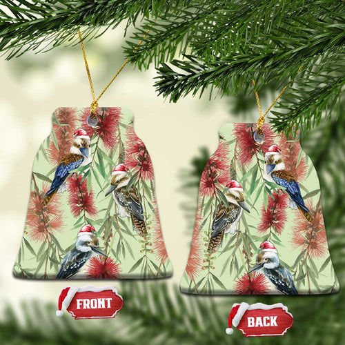 Australia Christmas Ceramic Ornament Kookaburra Santa on Callistemon - Pastel