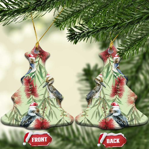 Australia Christmas Ceramic Ornament Kookaburra Santa on Callistemon - Pastel