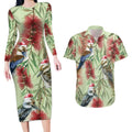 Australia Christmas Couples Matching Long Sleeve Bodycon Dress and Hawaiian Shirt Kookaburra Santa on Callistemon - Pastel