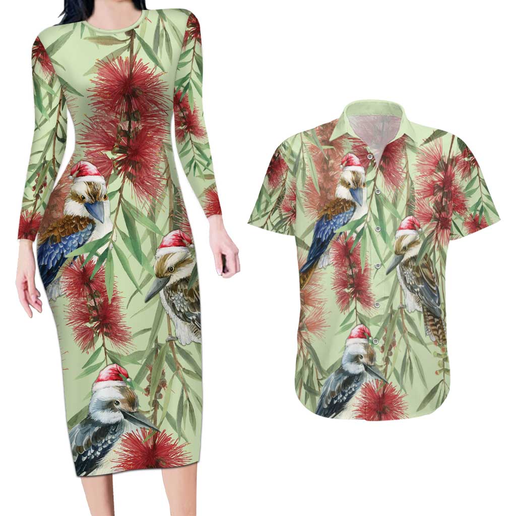 Australia Christmas Couples Matching Long Sleeve Bodycon Dress and Hawaiian Shirt Kookaburra Santa on Callistemon - Pastel