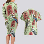 Australia Christmas Couples Matching Long Sleeve Bodycon Dress and Hawaiian Shirt Kookaburra Santa on Callistemon - Pastel