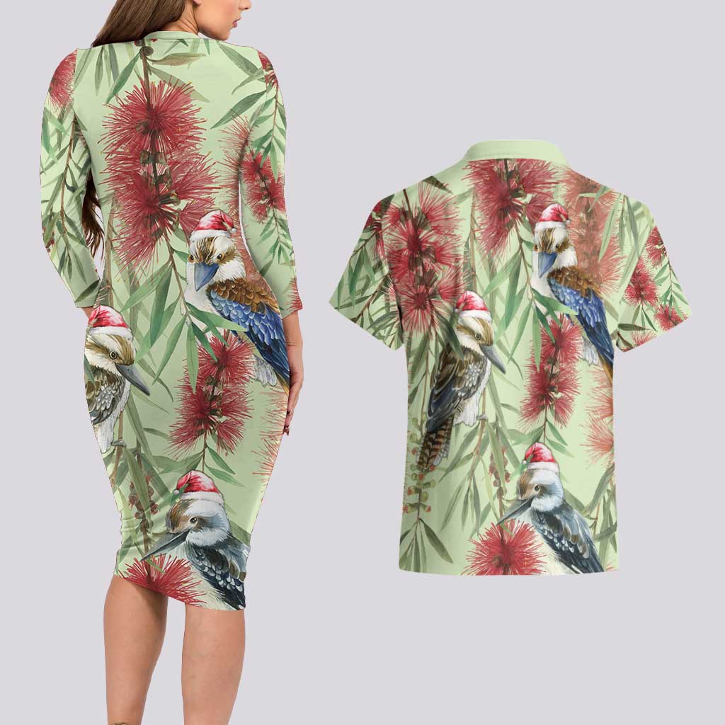 Australia Christmas Couples Matching Long Sleeve Bodycon Dress and Hawaiian Shirt Kookaburra Santa on Callistemon - Pastel
