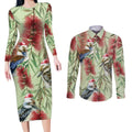 Australia Christmas Couples Matching Long Sleeve Bodycon Dress and Long Sleeve Button Shirt Kookaburra Santa on Callistemon - Pastel