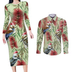 Australia Christmas Couples Matching Long Sleeve Bodycon Dress and Long Sleeve Button Shirt Kookaburra Santa on Callistemon - Pastel