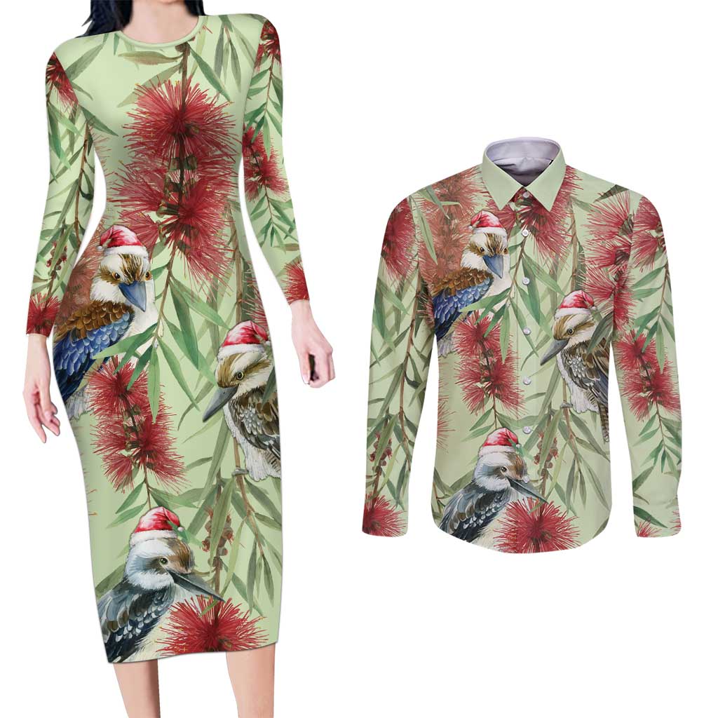 Australia Christmas Couples Matching Long Sleeve Bodycon Dress and Long Sleeve Button Shirt Kookaburra Santa on Callistemon - Pastel