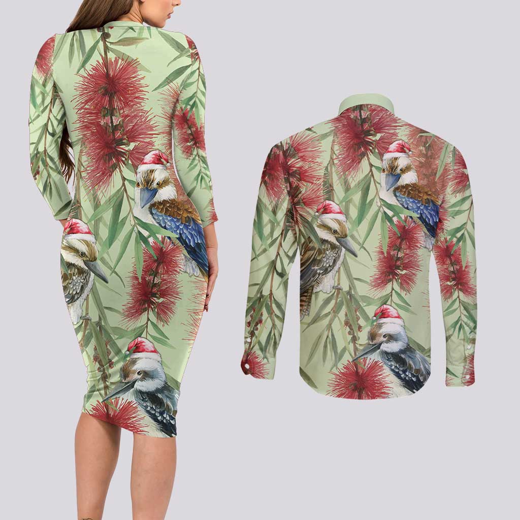 Australia Christmas Couples Matching Long Sleeve Bodycon Dress and Long Sleeve Button Shirt Kookaburra Santa on Callistemon - Pastel