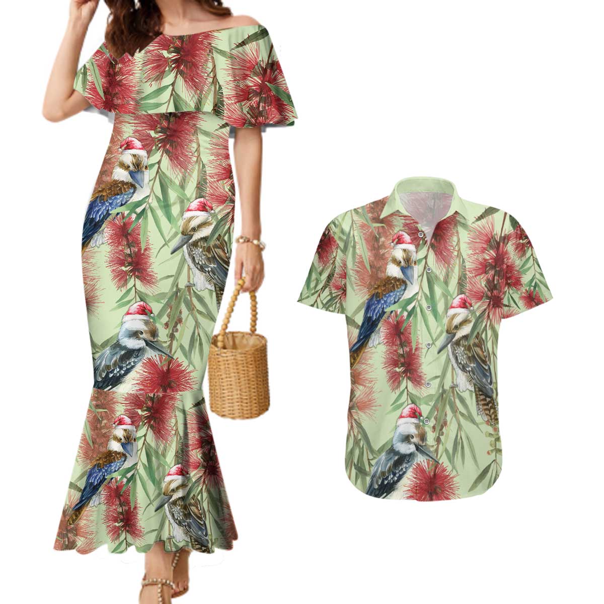 Australia Christmas Couples Matching Mermaid Dress and Hawaiian Shirt Kookaburra Santa on Callistemon - Pastel