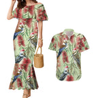 Australia Christmas Couples Matching Mermaid Dress and Hawaiian Shirt Kookaburra Santa on Callistemon - Pastel