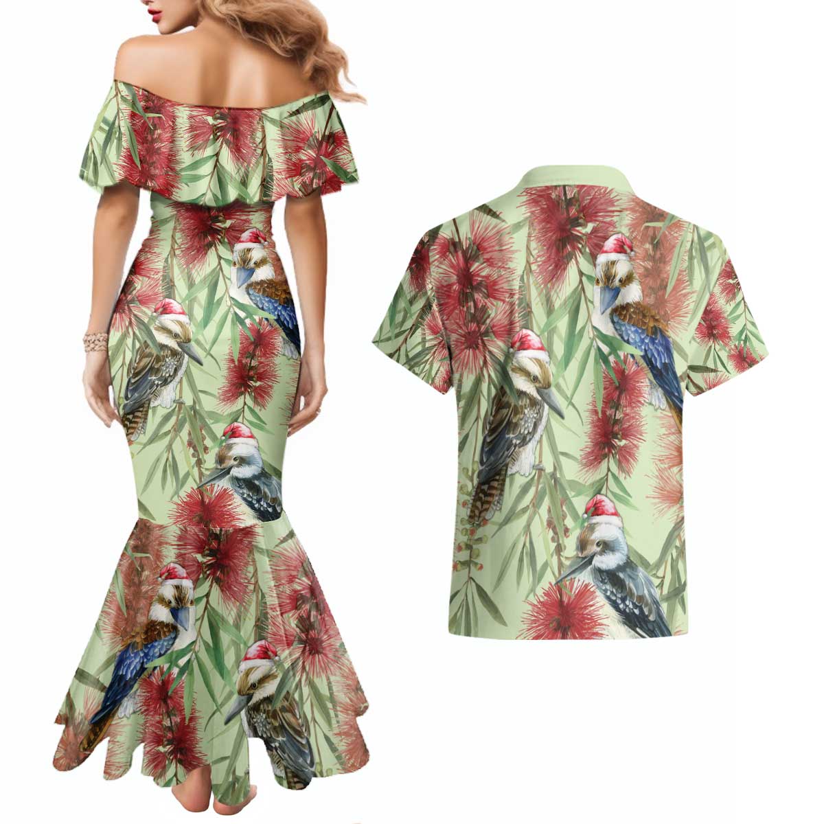 Australia Christmas Couples Matching Mermaid Dress and Hawaiian Shirt Kookaburra Santa on Callistemon - Pastel