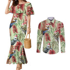 Australia Christmas Couples Matching Mermaid Dress and Long Sleeve Button Shirt Kookaburra Santa on Callistemon - Pastel