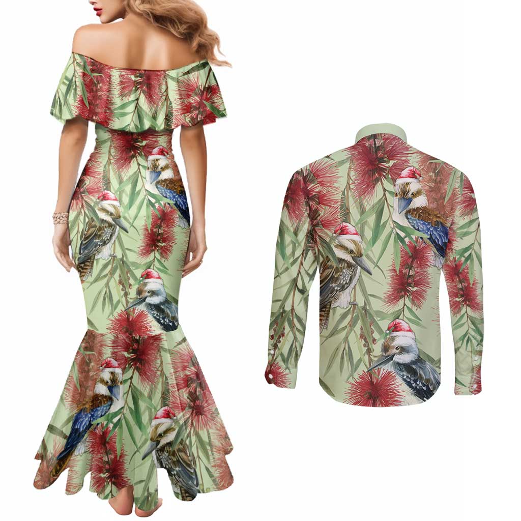 Australia Christmas Couples Matching Mermaid Dress and Long Sleeve Button Shirt Kookaburra Santa on Callistemon - Pastel
