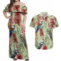 Australia Christmas Couples Matching Off Shoulder Maxi Dress and Hawaiian Shirt Kookaburra Santa on Callistemon - Pastel