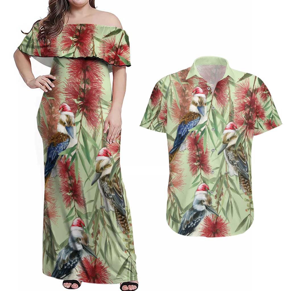 Australia Christmas Couples Matching Off Shoulder Maxi Dress and Hawaiian Shirt Kookaburra Santa on Callistemon - Pastel