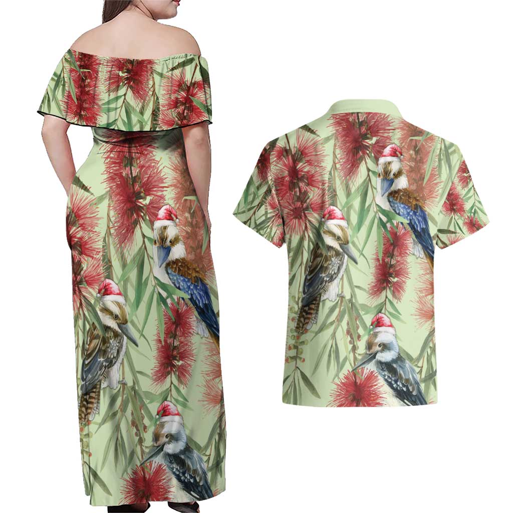 Australia Christmas Couples Matching Off Shoulder Maxi Dress and Hawaiian Shirt Kookaburra Santa on Callistemon - Pastel
