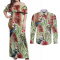 Australia Christmas Couples Matching Off Shoulder Maxi Dress and Long Sleeve Button Shirt Kookaburra Santa on Callistemon - Pastel