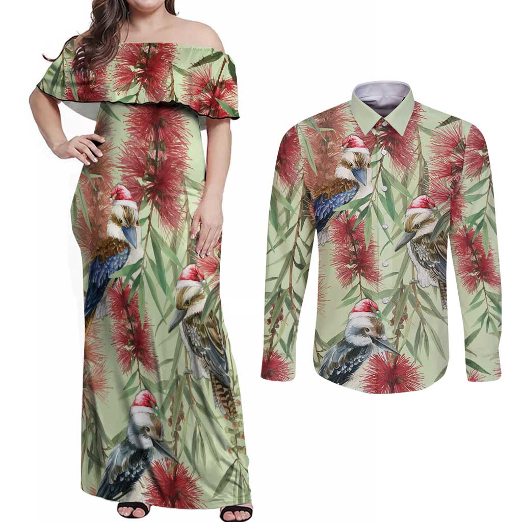 Australia Christmas Couples Matching Off Shoulder Maxi Dress and Long Sleeve Button Shirt Kookaburra Santa on Callistemon - Pastel