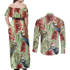 Australia Christmas Couples Matching Off Shoulder Maxi Dress and Long Sleeve Button Shirt Kookaburra Santa on Callistemon - Pastel