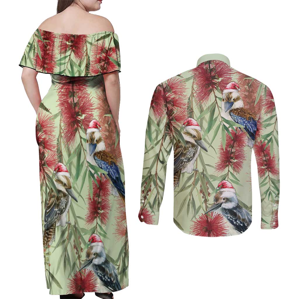 Australia Christmas Couples Matching Off Shoulder Maxi Dress and Long Sleeve Button Shirt Kookaburra Santa on Callistemon - Pastel