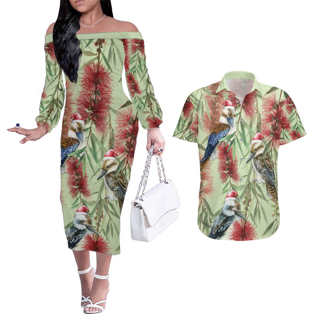 Australia Christmas Couples Matching Off The Shoulder Long Sleeve Dress and Hawaiian Shirt Kookaburra Santa on Callistemon - Pastel