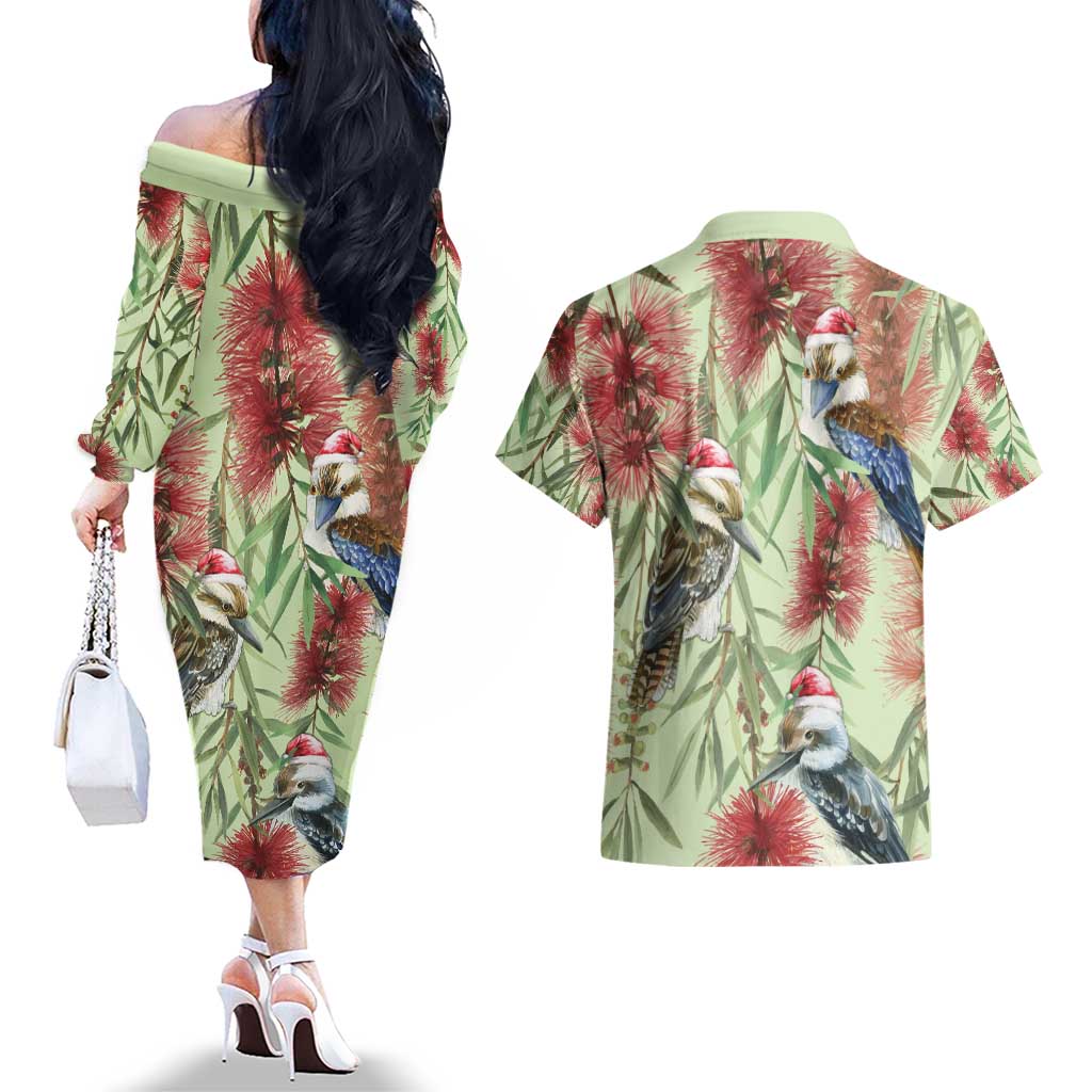 Australia Christmas Couples Matching Off The Shoulder Long Sleeve Dress and Hawaiian Shirt Kookaburra Santa on Callistemon - Pastel