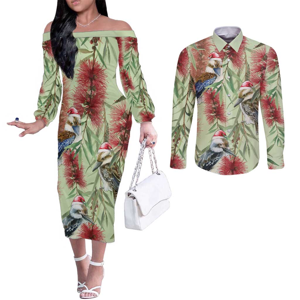 Australia Christmas Couples Matching Off The Shoulder Long Sleeve Dress and Long Sleeve Button Shirt Kookaburra Santa on Callistemon - Pastel