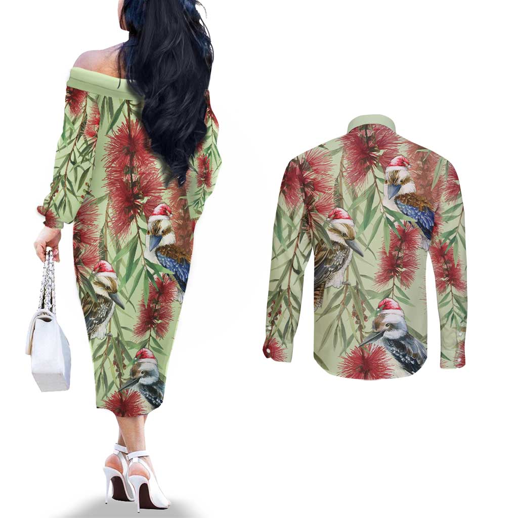 Australia Christmas Couples Matching Off The Shoulder Long Sleeve Dress and Long Sleeve Button Shirt Kookaburra Santa on Callistemon - Pastel