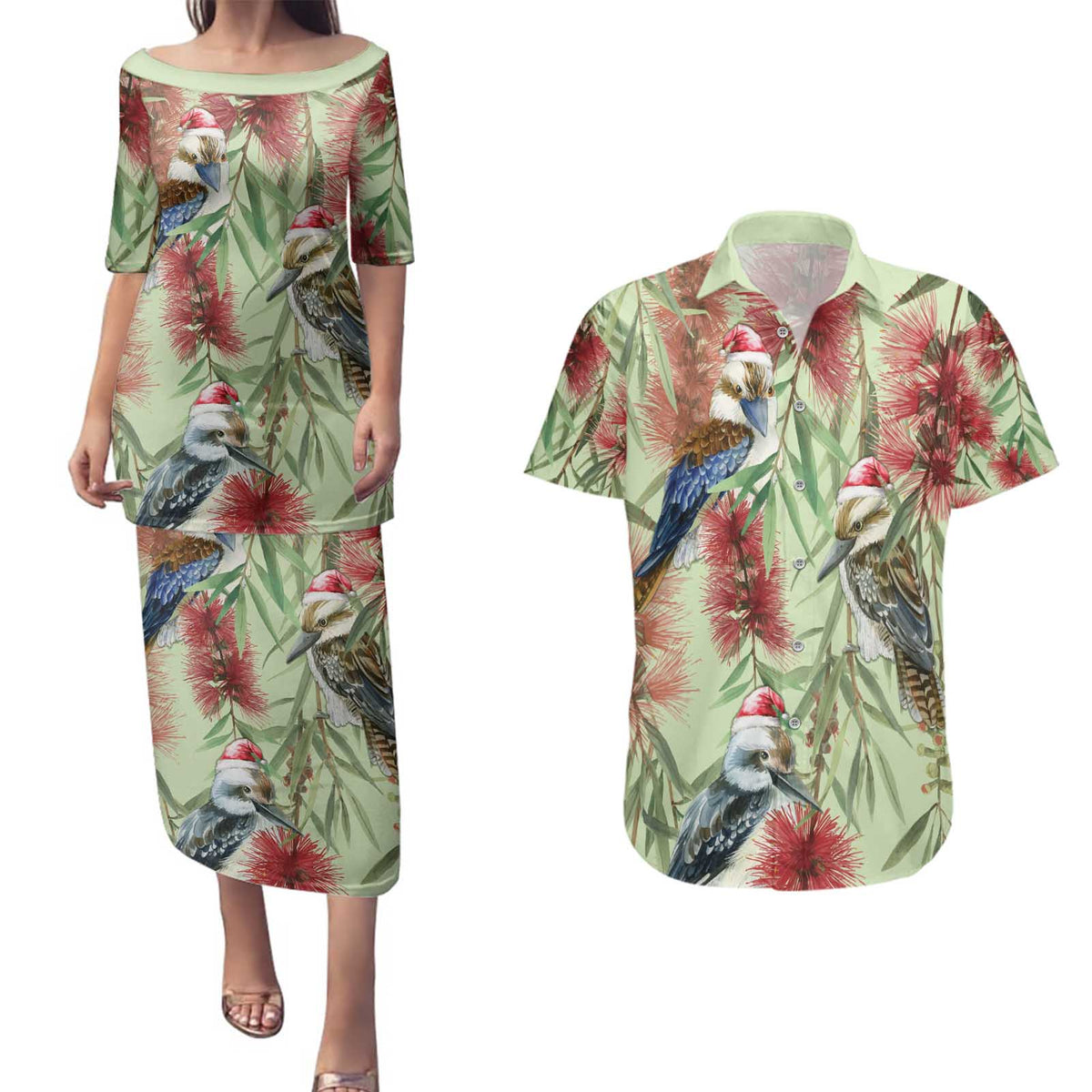 Australia Christmas Couples Matching Puletasi and Hawaiian Shirt Kookaburra Santa on Callistemon - Pastel