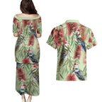 Australia Christmas Couples Matching Puletasi and Hawaiian Shirt Kookaburra Santa on Callistemon - Pastel