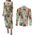 Australia Christmas Couples Matching Puletasi and Long Sleeve Button Shirt Kookaburra Santa on Callistemon - Pastel