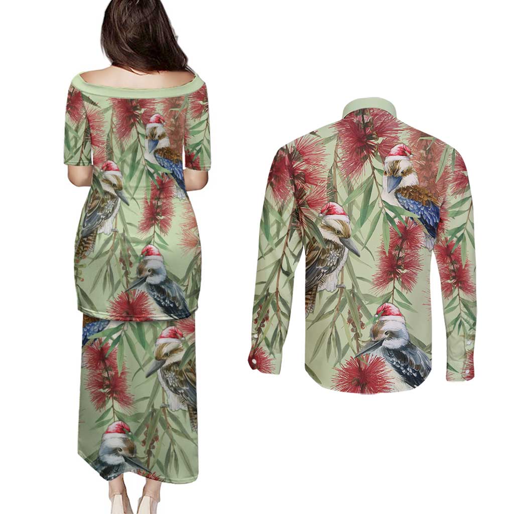 Australia Christmas Couples Matching Puletasi and Long Sleeve Button Shirt Kookaburra Santa on Callistemon - Pastel