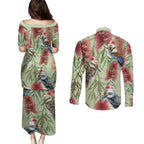 Australia Christmas Couples Matching Puletasi and Long Sleeve Button Shirt Kookaburra Santa on Callistemon - Pastel