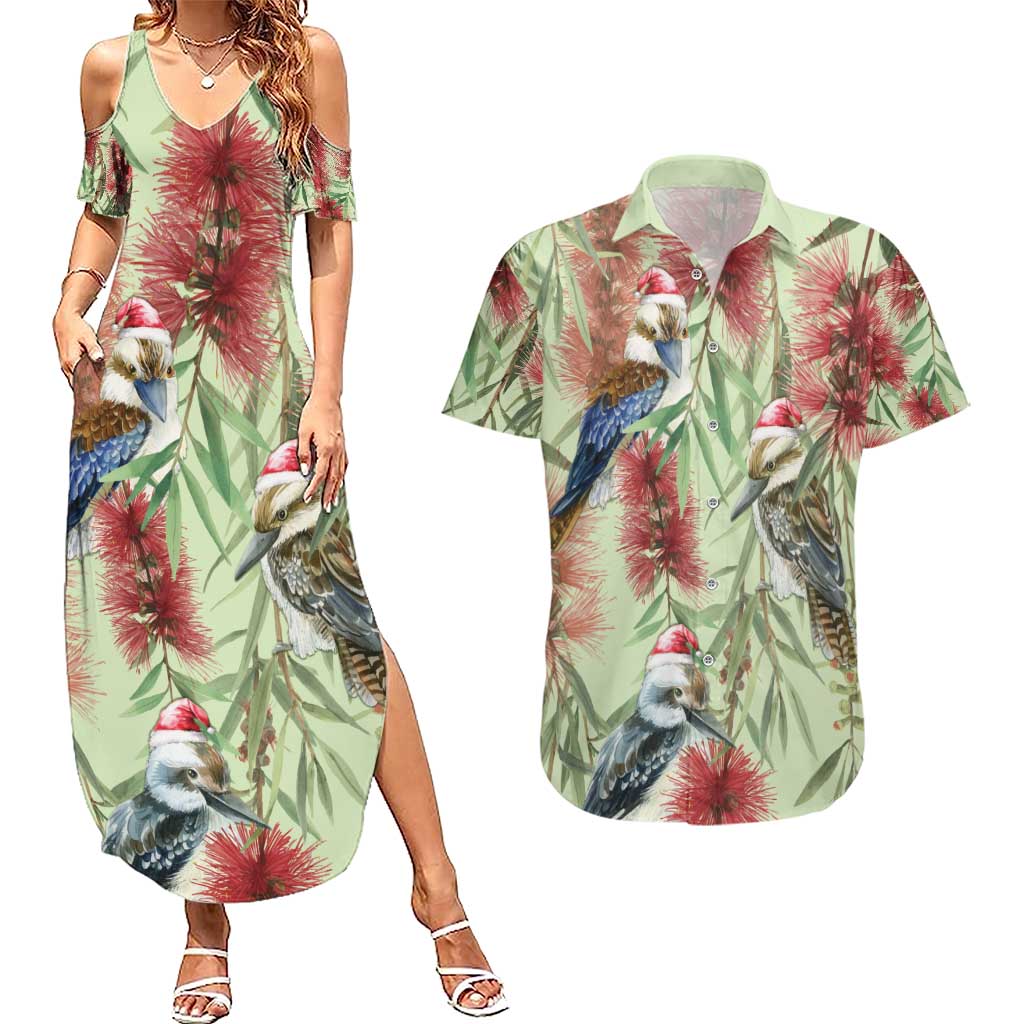 Australia Christmas Couples Matching Summer Maxi Dress and Hawaiian Shirt Kookaburra Santa on Callistemon - Pastel