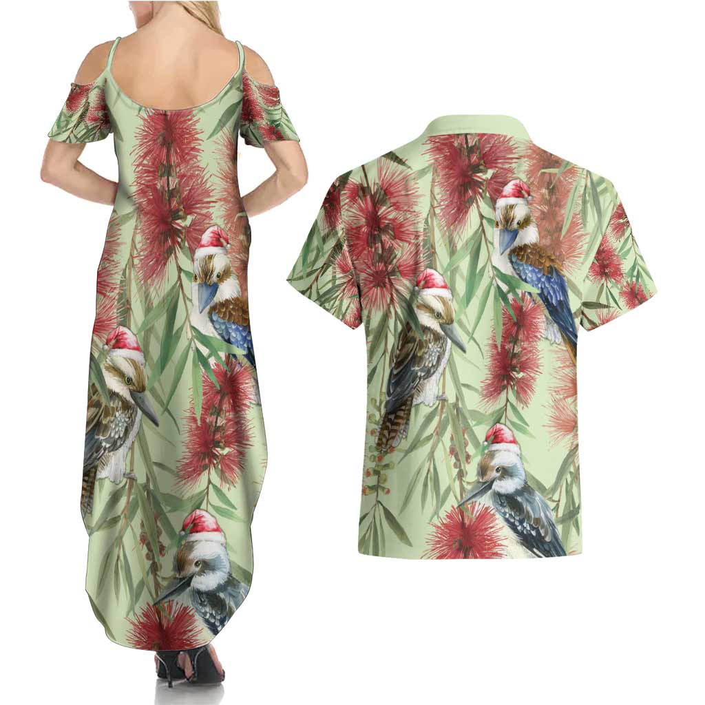 Australia Christmas Couples Matching Summer Maxi Dress and Hawaiian Shirt Kookaburra Santa on Callistemon - Pastel