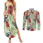 Australia Christmas Couples Matching Summer Maxi Dress and Long Sleeve Button Shirt Kookaburra Santa on Callistemon - Pastel