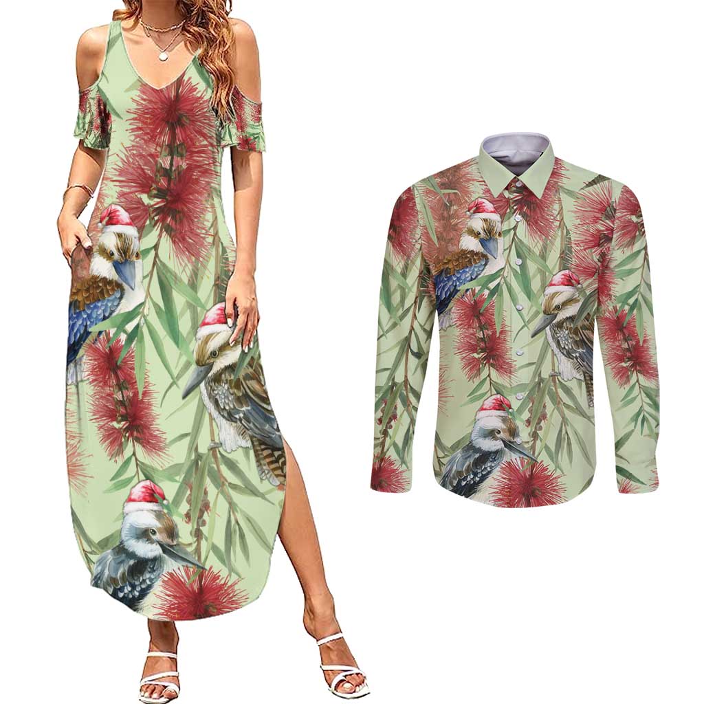 Australia Christmas Couples Matching Summer Maxi Dress and Long Sleeve Button Shirt Kookaburra Santa on Callistemon - Pastel