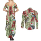 Australia Christmas Couples Matching Summer Maxi Dress and Long Sleeve Button Shirt Kookaburra Santa on Callistemon - Pastel