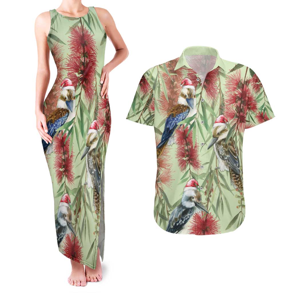 Australia Christmas Couples Matching Tank Maxi Dress and Hawaiian Shirt Kookaburra Santa on Callistemon - Pastel