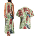 Australia Christmas Couples Matching Tank Maxi Dress and Hawaiian Shirt Kookaburra Santa on Callistemon - Pastel