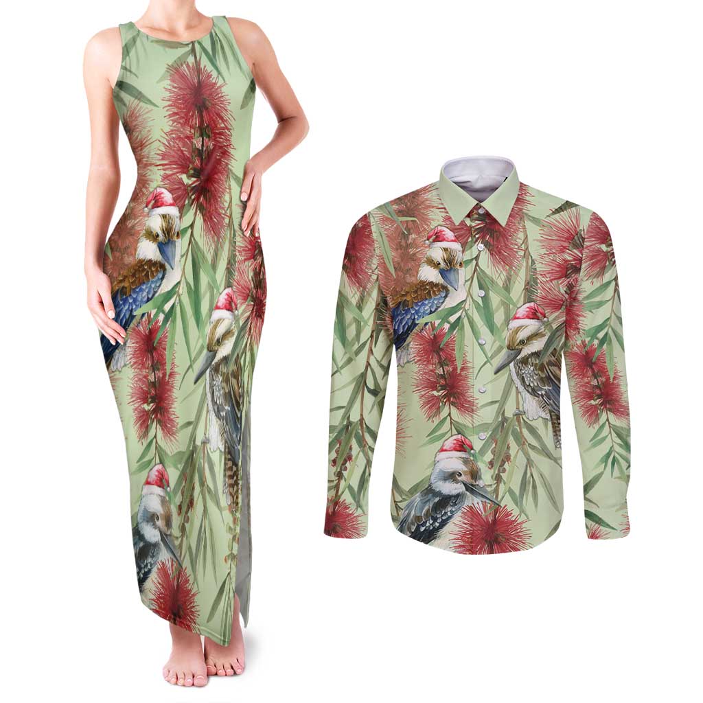 Australia Christmas Couples Matching Tank Maxi Dress and Long Sleeve Button Shirt Kookaburra Santa on Callistemon - Pastel