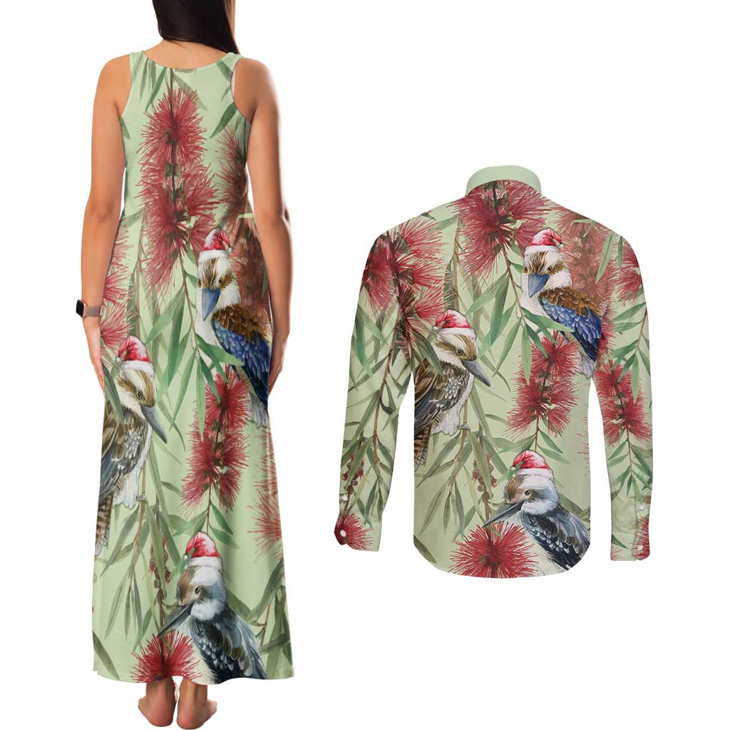 Australia Christmas Couples Matching Tank Maxi Dress and Long Sleeve Button Shirt Kookaburra Santa on Callistemon - Pastel