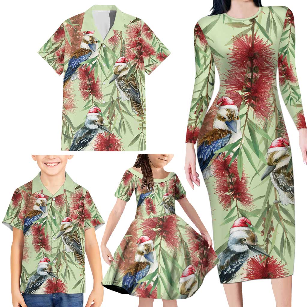 Australia Christmas Family Matching Long Sleeve Bodycon Dress and Hawaiian Shirt Kookaburra Santa on Callistemon - Pastel
