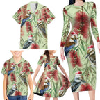 Australia Christmas Family Matching Long Sleeve Bodycon Dress and Hawaiian Shirt Kookaburra Santa on Callistemon - Pastel
