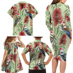 Australia Christmas Family Matching Long Sleeve Bodycon Dress and Hawaiian Shirt Kookaburra Santa on Callistemon - Pastel