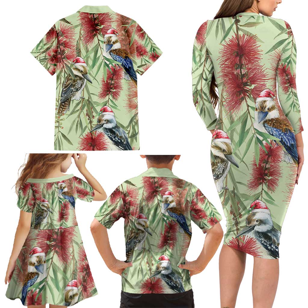 Australia Christmas Family Matching Long Sleeve Bodycon Dress and Hawaiian Shirt Kookaburra Santa on Callistemon - Pastel
