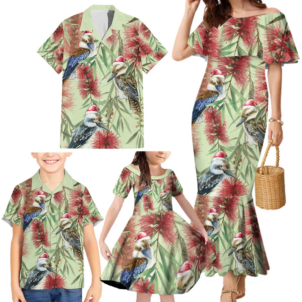 Australia Christmas Family Matching Mermaid Dress and Hawaiian Shirt Kookaburra Santa on Callistemon - Pastel