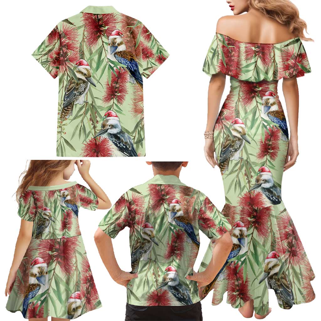 Australia Christmas Family Matching Mermaid Dress and Hawaiian Shirt Kookaburra Santa on Callistemon - Pastel