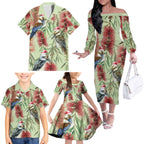 Australia Christmas Family Matching Off The Shoulder Long Sleeve Dress and Hawaiian Shirt Kookaburra Santa on Callistemon - Pastel