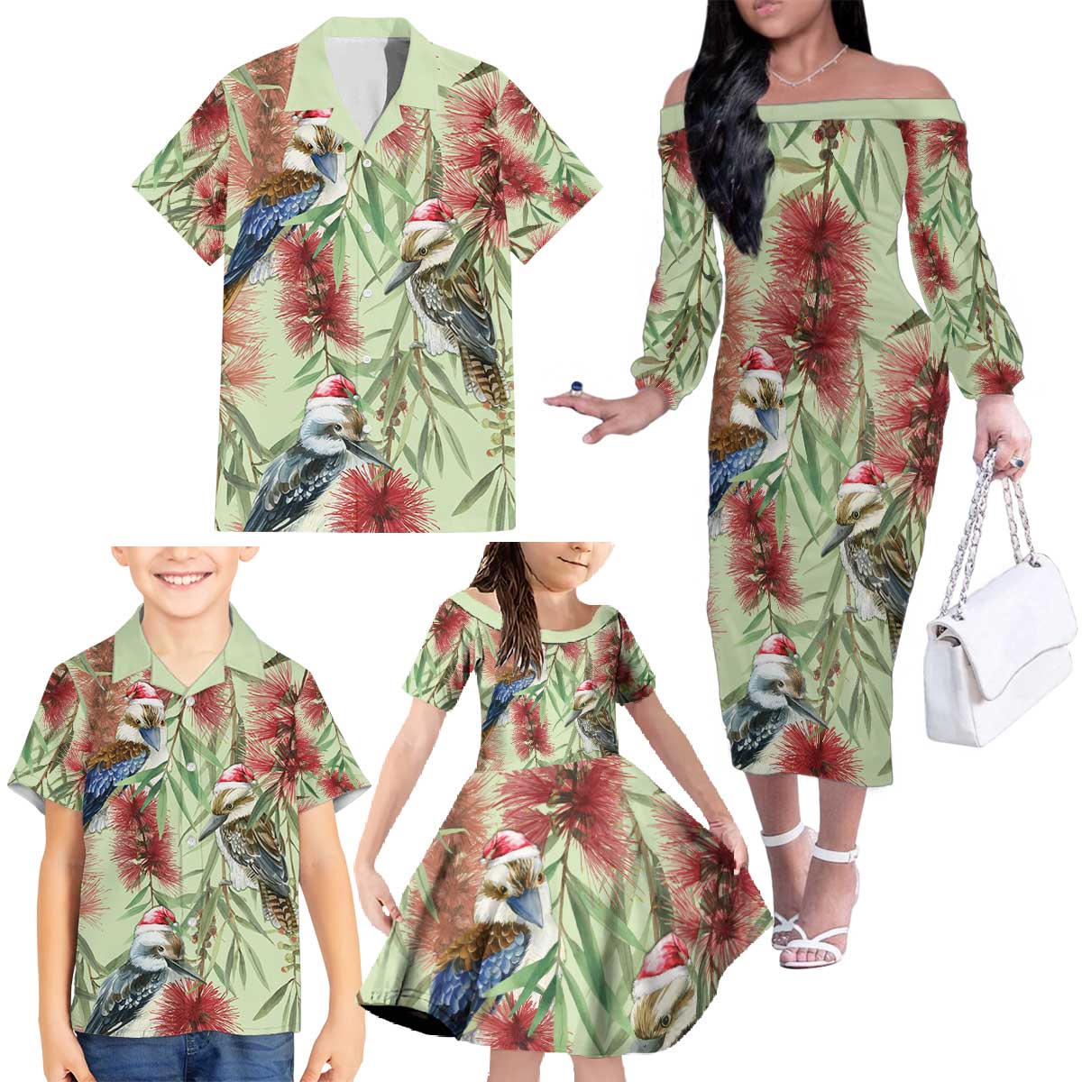 Australia Christmas Family Matching Off The Shoulder Long Sleeve Dress and Hawaiian Shirt Kookaburra Santa on Callistemon - Pastel