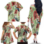 Australia Christmas Family Matching Off The Shoulder Long Sleeve Dress and Hawaiian Shirt Kookaburra Santa on Callistemon - Pastel